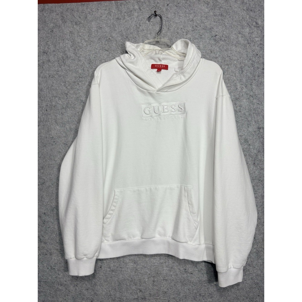 GUESS Los Angeles Hoodie Men's XXL White Tonal Logo Cotton Pullover